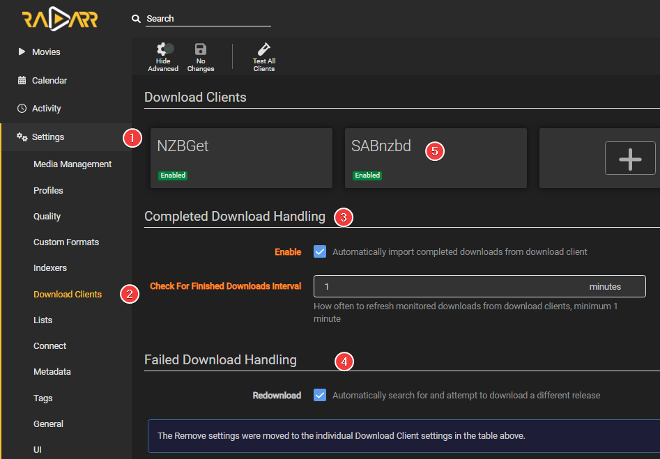 !Radarr: Settings => Download Clients