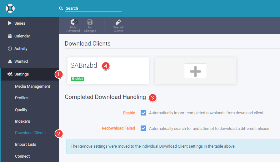 !Sonarr: Settings => Download Clients